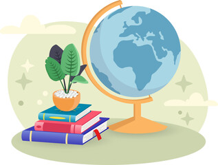 Globe illustration. Ball, plant, books, stand. Editable vector graphic design.