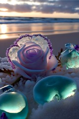 Naklejka na ściany i meble This is a beautiful beach. Under the setting sun, there are many smooth and round transparent crystal roses scattered on the beach. Crystal roses with transparent agate texture gradually become white