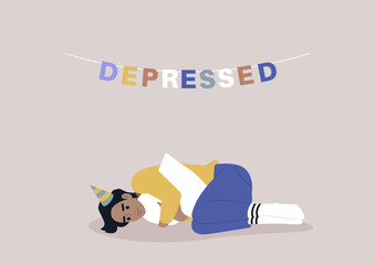 Sad birthday party, a young character squeezing a pillow, grief and sorrow concept, depression and anxiety, a garland with colorful letters reading depressed