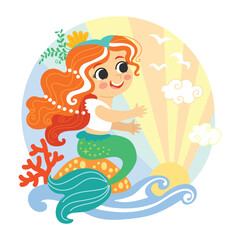 Cute cartoon mermaid with sun vector illustration