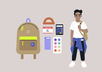 A full body portrait of a school kid carrying a backpack on one strap, a set of colorful stationery