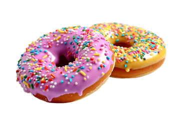 Two colorful donuts with sprinkles, isolated on a transparent background. AI