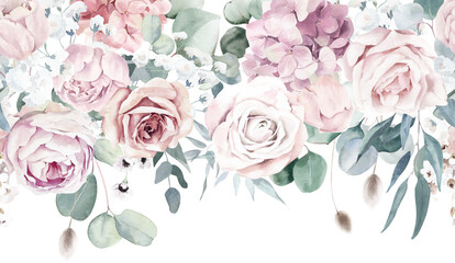Watercolor Seamless Border with Roses and Eucalyptus Branches on Transparent Background