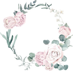 Watercolor Wreath with Roses and Eucalyptus Branches on Transparent Background