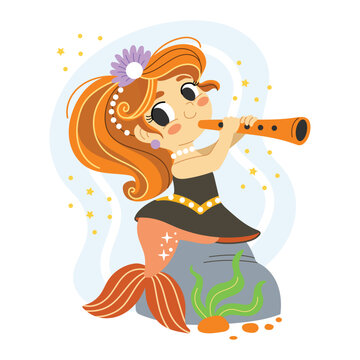 Cute cartoon mermaid with a pipe vector illustration