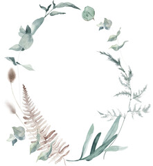 Watercolor Wreath with Dried Fern Leaf and Eucalyptus Branches on Transparent Background