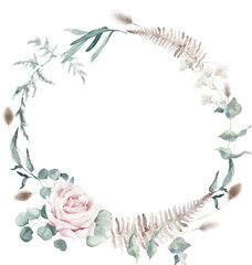 Fototapeta na wymiar Watercolor Wreath with Roses, Dried Fern Leaf and Eucalyptus Branches on Transparent Background