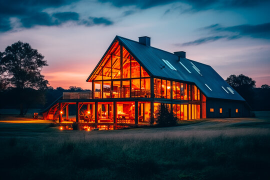 Photo of a converted barn house with glass facades