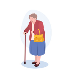 Old Lady With Cane illustration. Woman, bag, pensioner, stick. Editable vector graphic design.