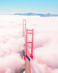 Drone view of the bridge, creative illustration, surrounded by fog