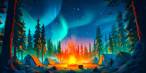 Fototapeta na wymiar Illustration of a campsite in the forest with a big fire, aurora borealis and stars in the sky