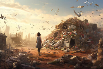 back view of woman looking a mountain of garbage in a junkyard dump