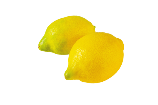 Two whole lemon fruits isolated transparent png. Yellow green citrus fruits.