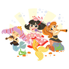 Three cute cartoon mermaids musician vector illustration