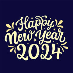 Happy New Year 2024. Hand lettering golden text on blue background. Vector typography for new year decorations, cards, posters, banners