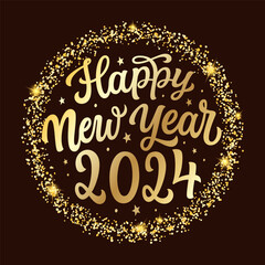 Happy New Year 2024. Hand lettering golden text on sparkle glittering background. Vector typography for new year decorations, cards, posters, banners