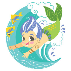 Cute cartoon mermaid boy jumping on a waves vector