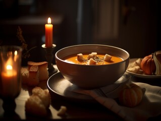 Steaming Bowl of Pumpkin Soup Being Garnished With Croutons in a Dimly Lit Dining Room During a Chilly Autumn Evening. Food Photography