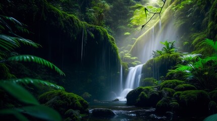 Fototapeta na wymiar Waterfall in the rainforest of New Zealand. Beautiful nature background. Generative ai