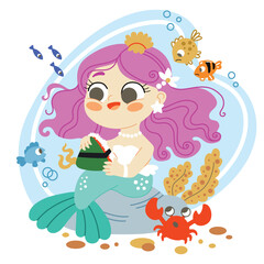 Obraz na płótnie Canvas Cute cartoon mermaid with a sandwich vector illustration