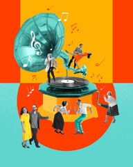 Group of people attending party, dancing, enjoying leisure time. Contemporary art collage. Retro style.Concept of music, lifestyle, art of sound, performance. Creative bright design