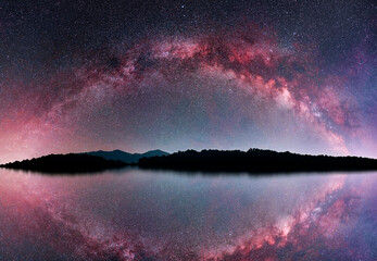 Beautiful panoramic Milky Way galaxy over the lake.