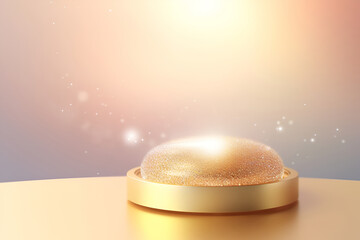 Abstract template concept. Soft gold podium with sparkle glitter bokeh background display. Mock up for product presentation. 3D rendering	
