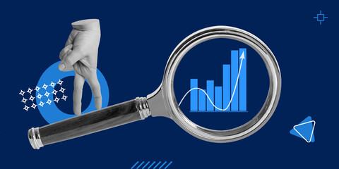 Business analytics, analysis, data search, strategy. Charts behind the magnifying glass with your...