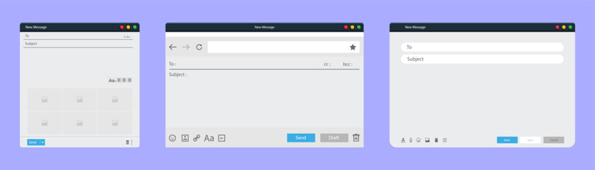 Email browser window frame collection. Set of email interface frame