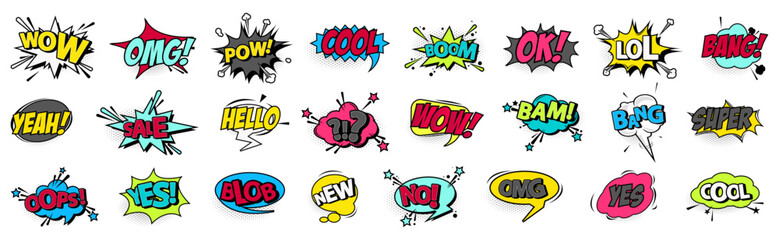 Obraz premium Comics speech bubble collection with halftone. Set of cartoon comics bubble elements