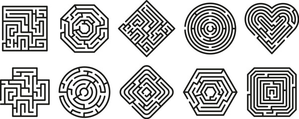 Different shapes labyrinths. Square, circle and heart shape mazes illustration. Game with one entrance and target.