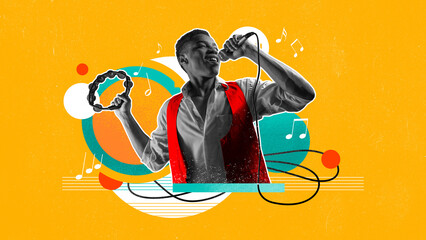 Talented african man singing in microphone, playing tambourine against vivid yellow background. Contemporary art collage. Concept of music, lifestyle, art of sound, performance. Creative bright design