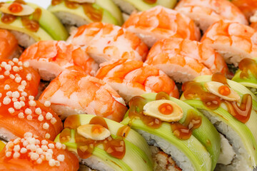 set of rolls with salmon and shrimp on white background for online delivery menu