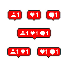 Pixel social media interface like, comment, follower. Pixel Art 8-bit social networking notification buttons shape.