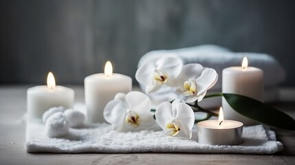 Fototapeta na wymiar White towels, orchids in the spa room. Generative AI