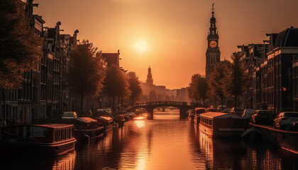 Sunset illuminates famous bridge, reflecting on canal generated by AI
