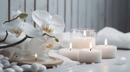 Obraz na płótnie Canvas White towels, orchids in the spa room. Generative AI