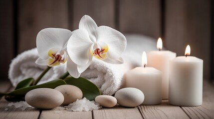 Obraz na płótnie Canvas White towels, orchids in the spa room. Generative AI