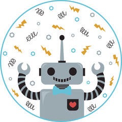 Obraz premium Funny robot in a round frame against a background of springs and nuts. Children's vector illustration.
