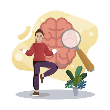 Mental health illustration. Girl, brain, magnifier, flower. Editable vector graphic design.