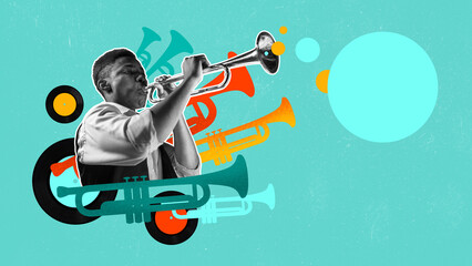 Talented african man playing trumpet against vivid background. Jazz. Contemporary art collage. Concept of music, lifestyle, art of sound, performance. Creative bright design