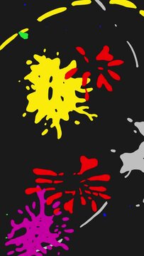 Looping frame-by-frame animation of an abstract background of colored fluid spots isolated on dark background. Vertical composition format.