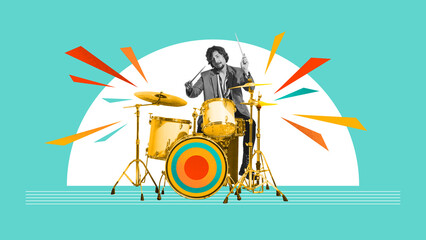 Talented, artistic man playing drums, making concert against vivid background. Jazz. Contemporary art collage. Concept of music, lifestyle, art of sound, performance. Creative bright design