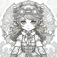Fototapeta na wymiar Steampunk manga character in the middle of the page,coloring page for kid and coloring page for seniors , whithout colors , stronger and more pronounced and thicker lines , , amazing pattern , 1 Be