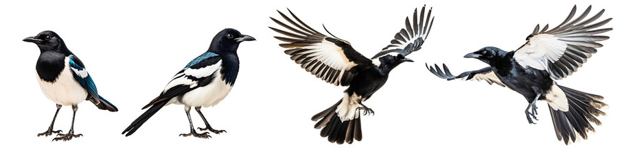 Set of flying and sitting magpie, raven, crow bird on the transparent background PNG. AI generative - obrazy, fototapety, plakaty