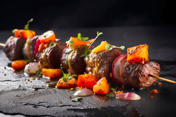 Appetizing Grilled meat skewers kebab on black background. Generative AI illustration