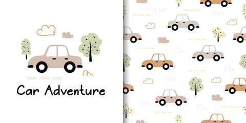 Set of seamless pattern with cute car background. With trees and cloud. Vector illustration for textile, fabric, wallpaper, wrapping, card