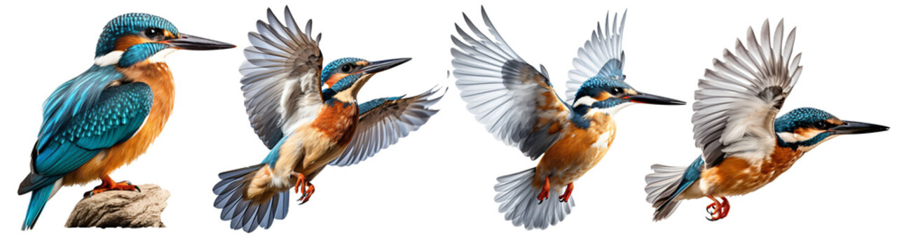 Set of flying ald sitting kingfisher bird on the transparent background PNG. AI generative