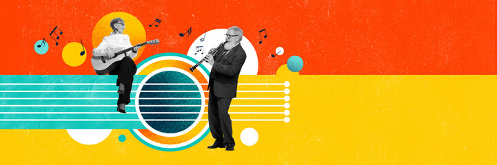 Senior man and woman playing music instruments against colorful background. Contemporary art...