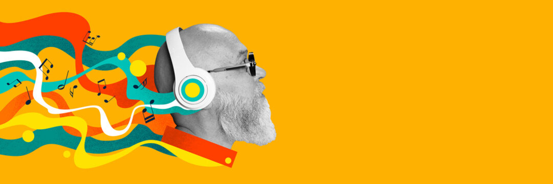 Mature bearded man listening to music in headphones against vivid yellow background. Contemporary art collage. Concept of music, lifestyle, art of sound, performance. Creative bright design